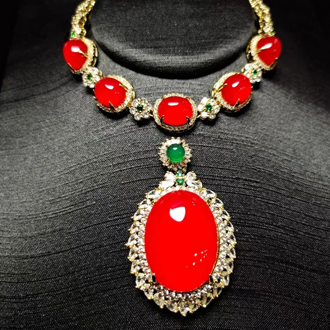 NaturalRedChalcedonyJadeJewelrySetWomenCarnelianOvalPendant