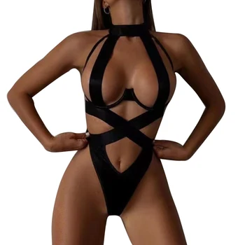 Black Halter Sexy Lingerie Women Bandage One Piece Bra Sets Erotic Costumes Teddy Baby Doll Dress Push Up Underwear Set Bodysuit