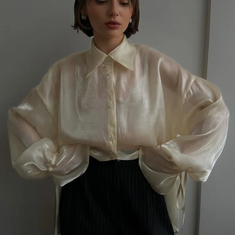 Blusa informal holgada transparente con solapa y manga larga con cordones para mujer, ropa de verano 2025, con parches lisos