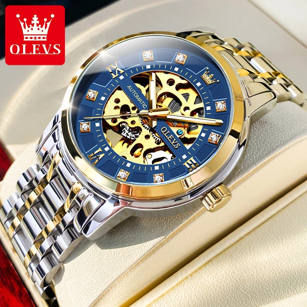 

OLEVS Brand New Fashion Blue Skeleton Mechanical Watch for Men Luxury Stainless Steel Waterproof Luminous Hollow Watches Mens