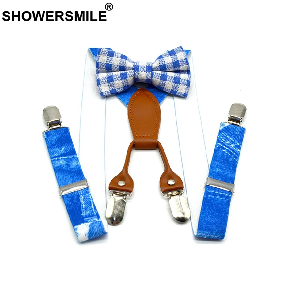 SHOWERSMILE Boys Suspenders Print Denim Blue Braces And Bow Tie Set Children Leather 4 Clips Elastic Adjustable Kid Pants Strap