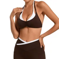 Brassière de sport pour femme, bicolore, style débardeur, dos ouvert, col halter, avec bonnets intégrés, pour le yoga, la course et le fitness 6