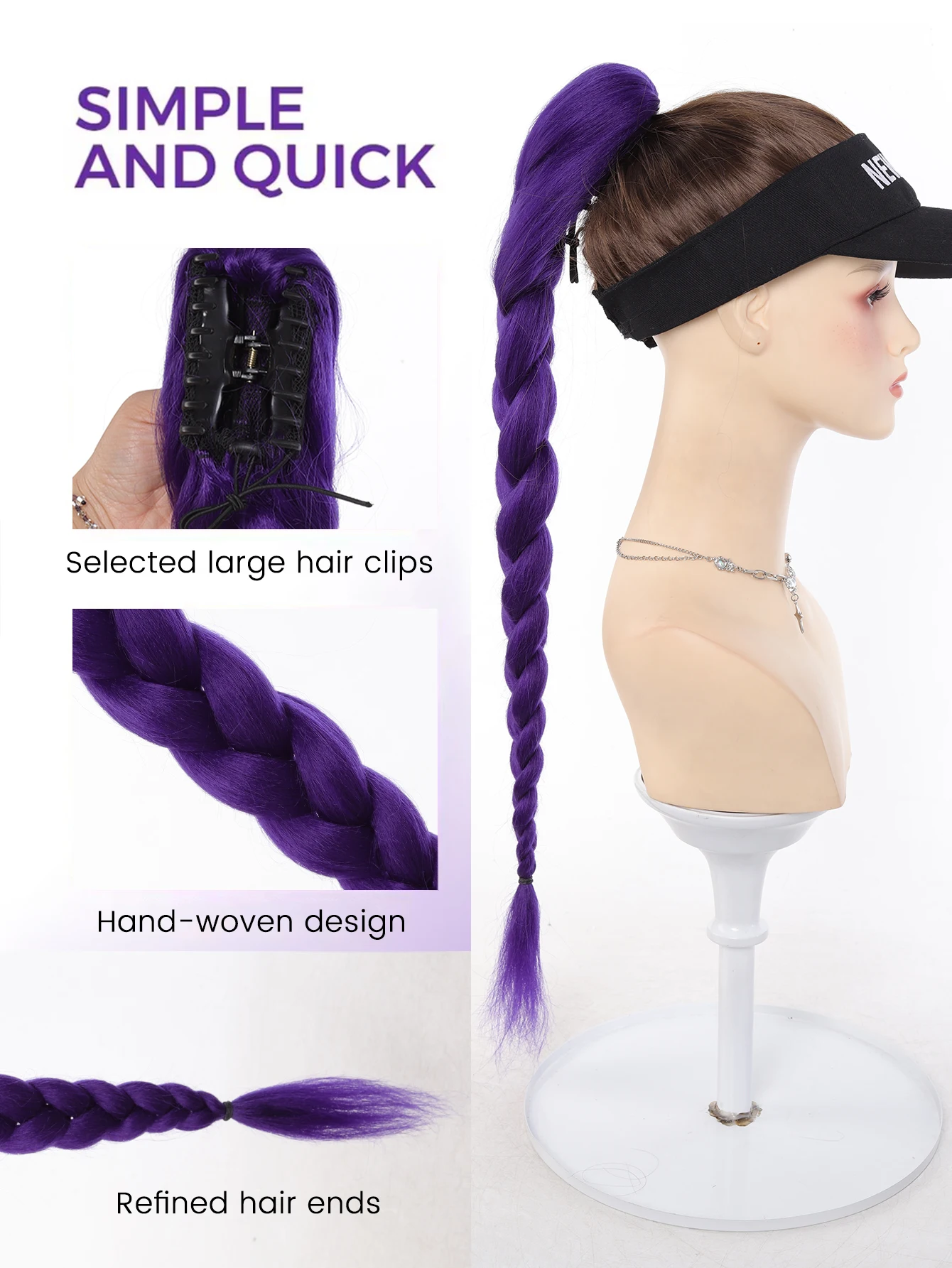 Synthetic Purple Braided Hair Ponytail Extension Clip for Women and Kids