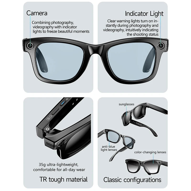 Nuovi Occhiali Smart 2026 con Traduzione AI Intelligente, Assistente Vocale AI, Fotocamera HD 800W, Audio Stereo 3D e Design Accattivante - immagine 3