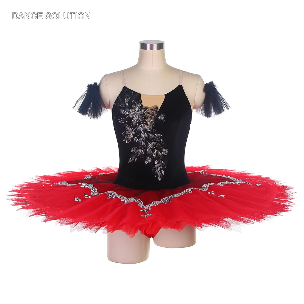 

Adult and Child Performance Ballet Tutu Black Stretch Velvet Bodice with Red Pancake Tutu Skirt Ballet Outfit for Girls BLL459