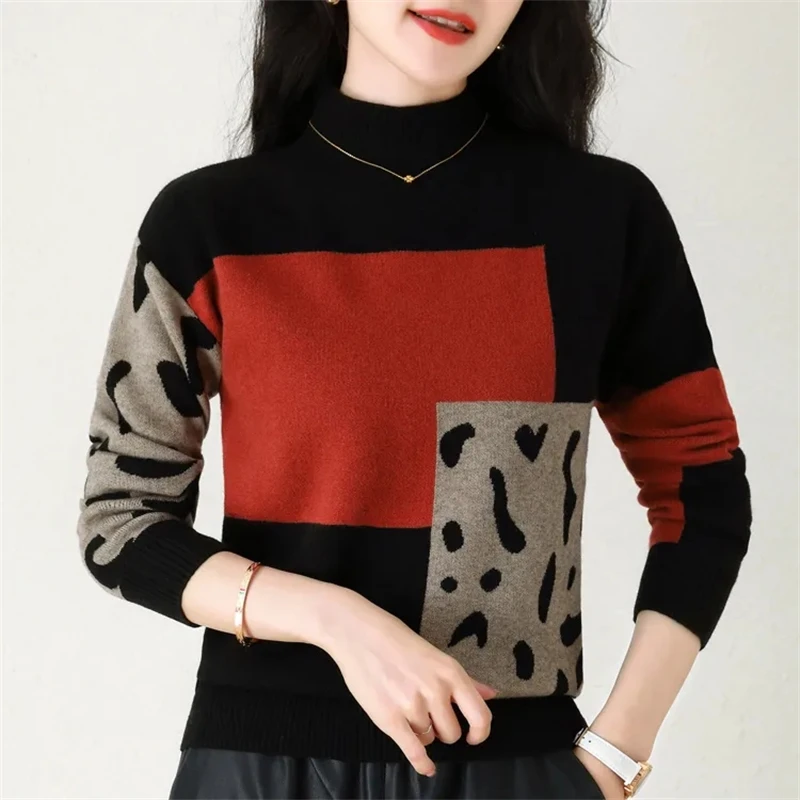 Autumn Winter Jacquard Knitwear Christmas Retro Polo Collar Contrast Color Pullover Women main image 1