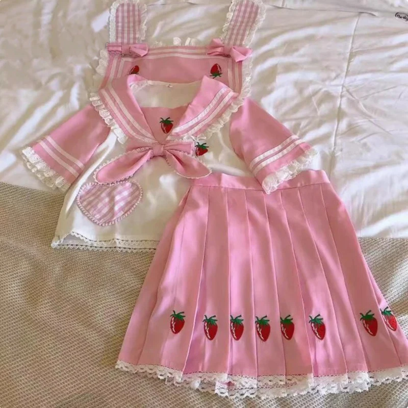 Two Piece Japanese Sweet Lolita Jk Sets Pleated Skirt Women Kawaii Y2k Cute Preppy Style Sailor Collar Top+Skirts Matching Sets 6