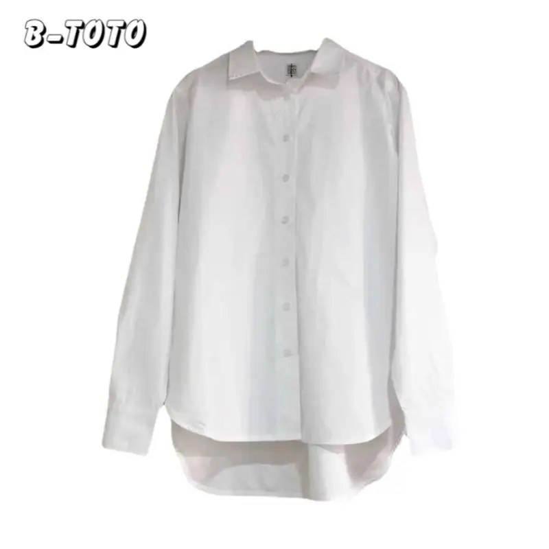 B-TOTO White Shirt Nordic New Boyfriend Style Embroidered Logo Women Casual Loose Contour Cotton Shirt 2023 Women's [fila]loose fit basic logo anorak