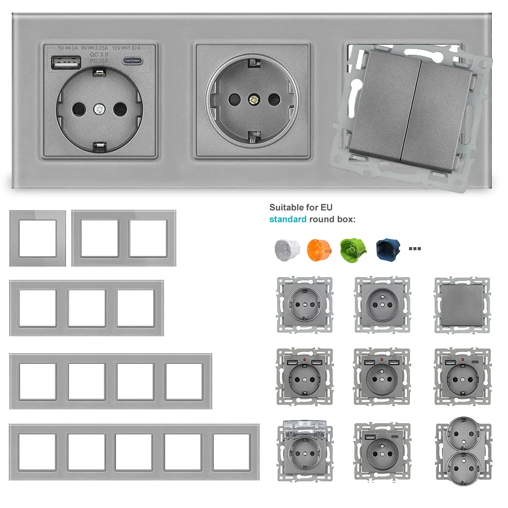 SRAN F6 หลายกรอบสีเทาแผงกระจกนิรภัย, สวิทช์ไฟ UN eu ภาษาฝรั่งเศสคําผนังซ็อกเก็ต dimmer พัดลมเท้าโคมไฟ Rj45 โมดูล DIY 1