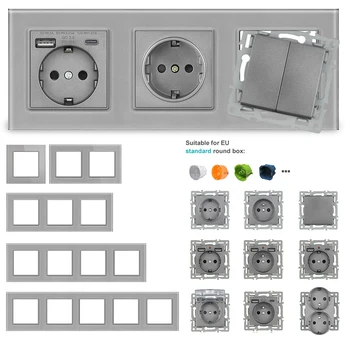 SRAN F6 หลายกรอบสีเทาแผงกระจกนิรภัย, สวิทช์ไฟ UN eu ภาษาฝรั่งเศสคําผนังซ็อกเก็ต dimmer พัดลมเท้าโคมไฟ Rj45 โมดูล DIY 1