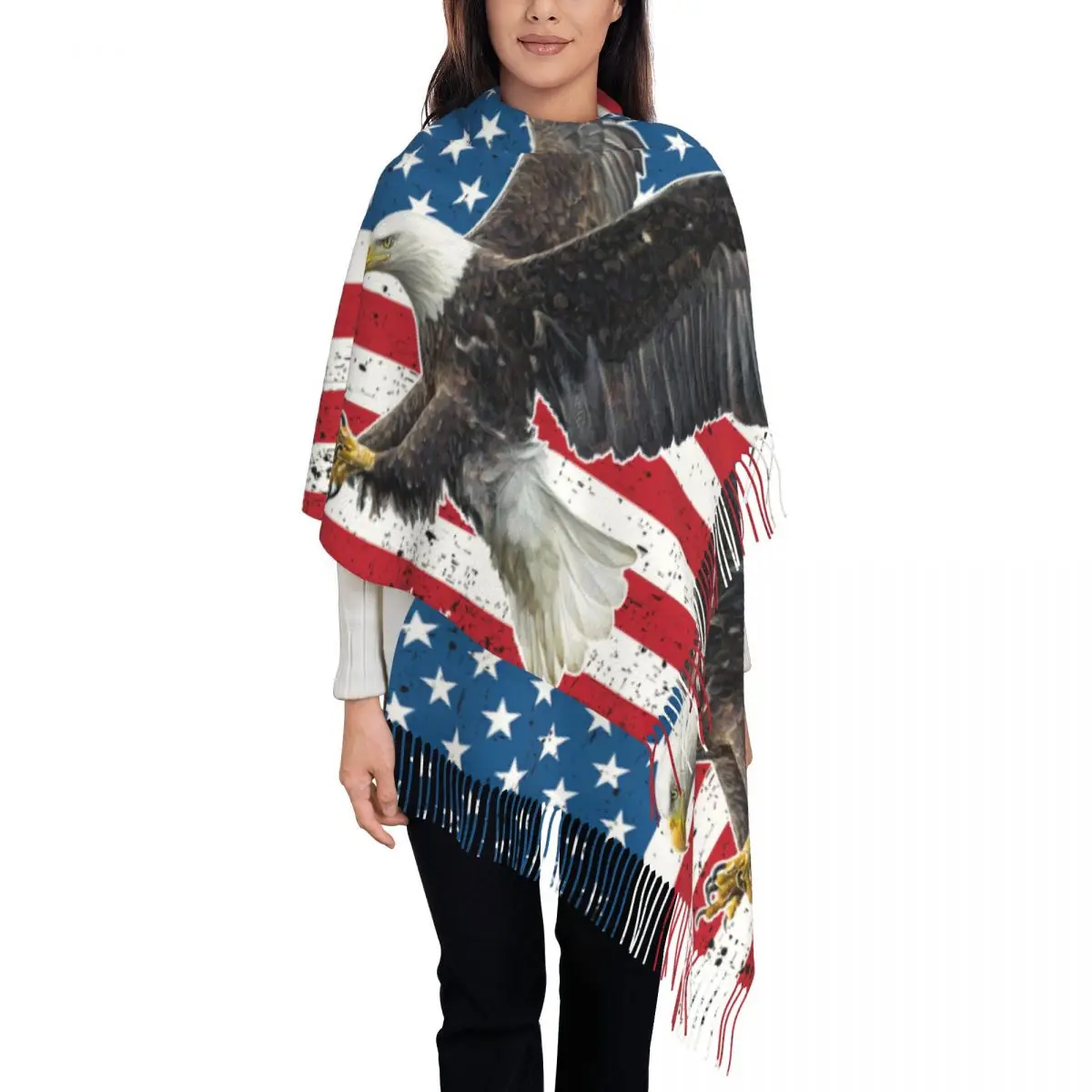 

Bald Eagle American Flag Tassel Scarf Women Soft USA Patriotic Shawl Wrap Ladies Winter Fall Scarves