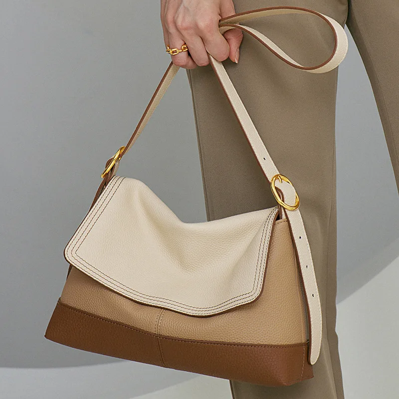 

2023 New Tote Bags For Women Contrast Color Commuter Soft Leather Shoulder Bag Niche Premium Texture Large Capacity Underarm Bag