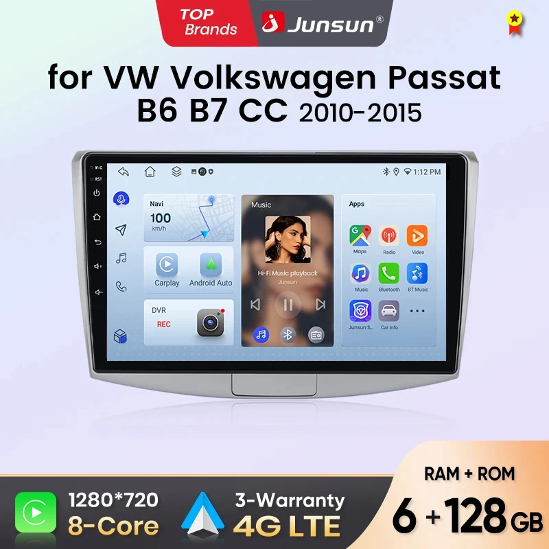 Radio para Auto Junsun para VW Volkswagen Passat B6 B7 CC 2010-2015, CarPlay, Android Auto, FM, RDS, DSP, BT, GPS, Navegador, SWC, Pantalla Táctil HD IPS, Reproductor Multimedia Plug & Play, Llamadas Manos Libres, Unidad Principal con Estilo Original del Auto 1