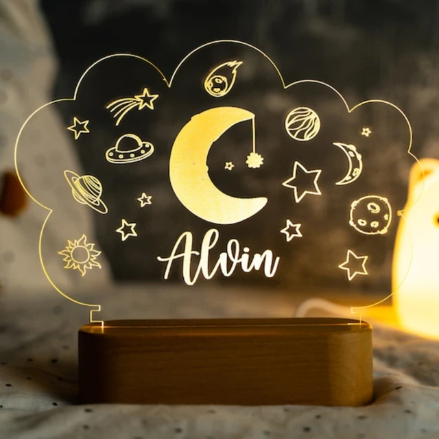 Luz de noche de nacimiento personalizada para bebé, lámpara con Base de  madera para regalo de cumpleaños, nombre personalizado, Luna y estrellas,  LED, USB, 7 colores - AliExpress