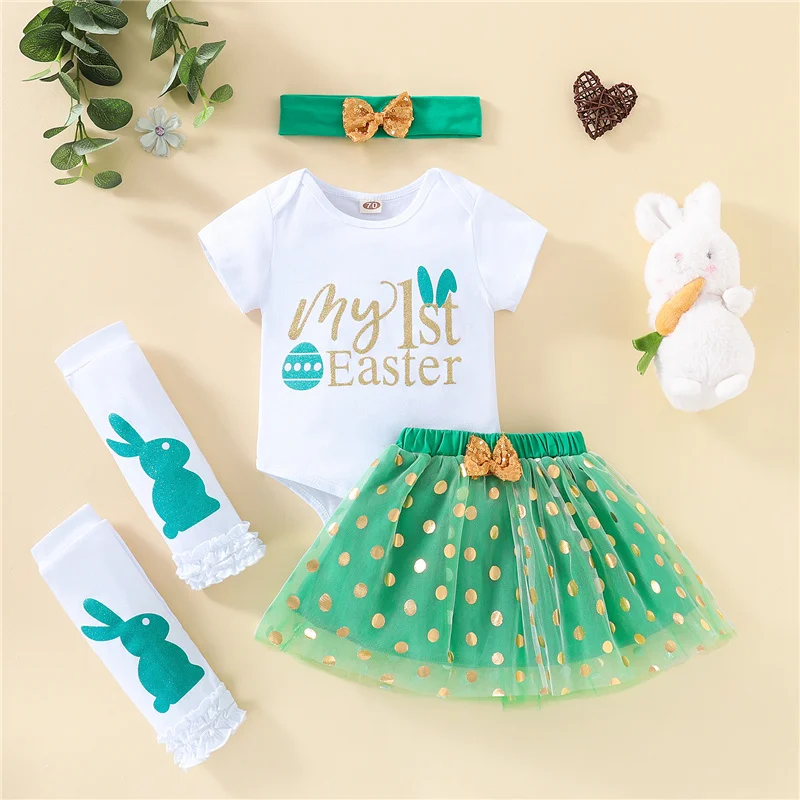 

Blotona Baby Girls 4Pcs Easter Outfits, Letter Print Short Sleeve Romper +Dot Tulle Mini Skirt + Headband +Leg Warmers Set 0-18M