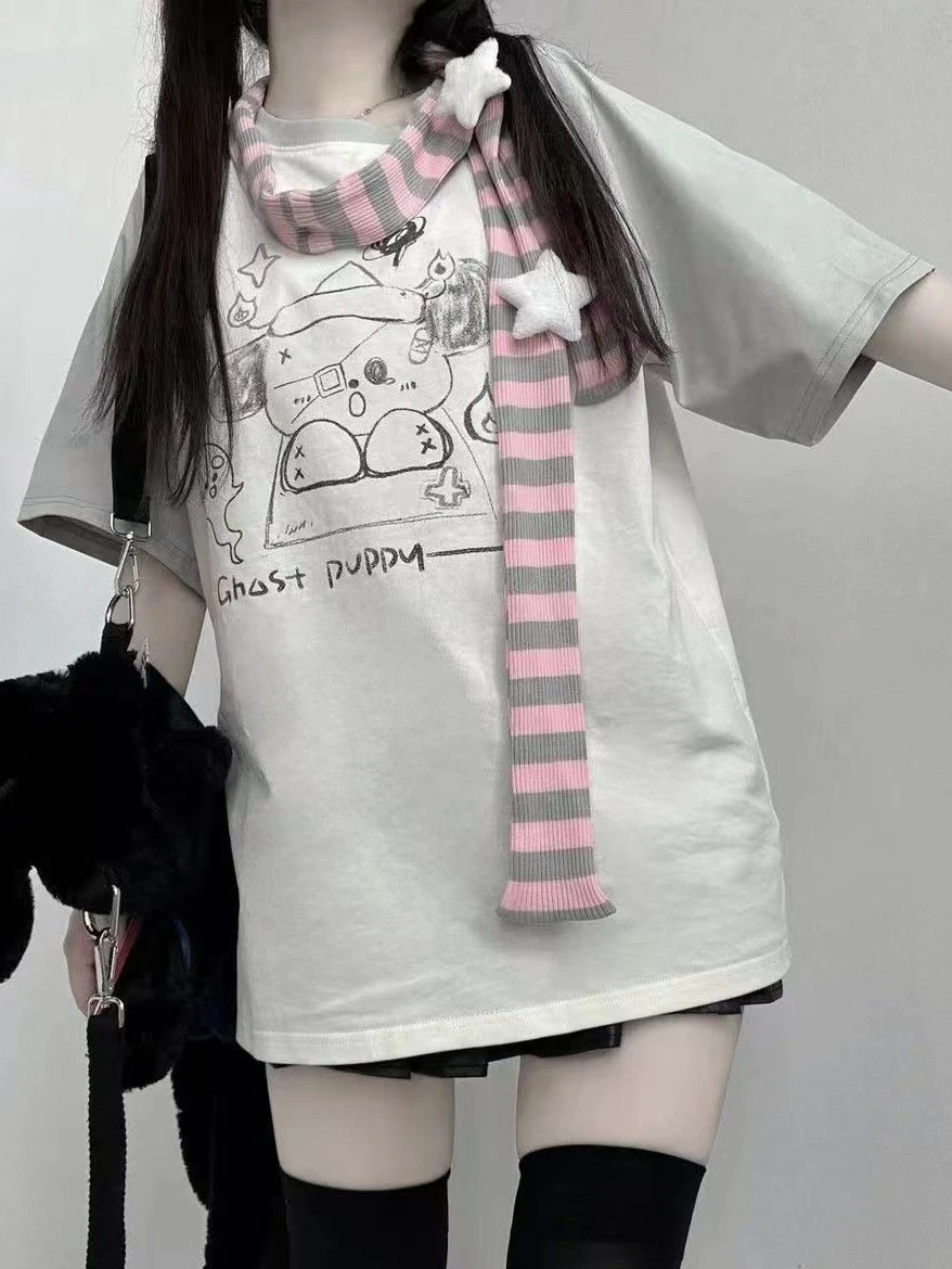 

QWEEK Harajuku Kawaii Graphic T Shirts Women Oversized Korean Fashion Sweet Girl Tops Kpop Cute Casual Cartoon Print Tees Summer