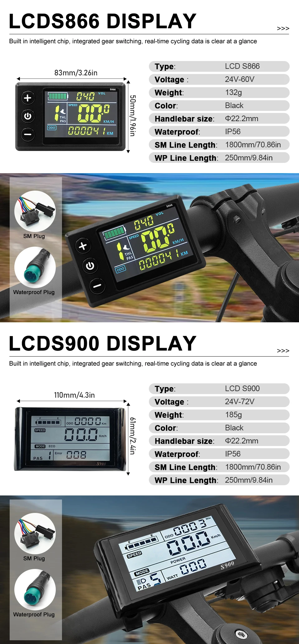 Description Picture 6 of itemElectric Bike S866 Display S900 UKC1 M3 M5 LCD Panel Screen with SM/Waterproof Plug Matching JN controller Bicycle Accessories