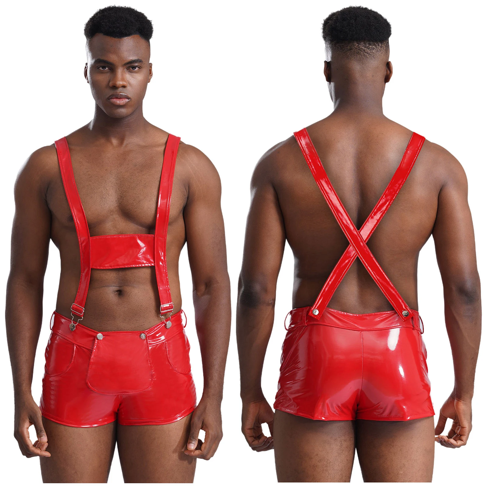 thumbnail image 1 of Lencería de charol para hombre, mono con tirantes, traje, pantalones cortos, mono con agujeros, mameluco ajustable, ropa para discoteca Rave, 1 of 5