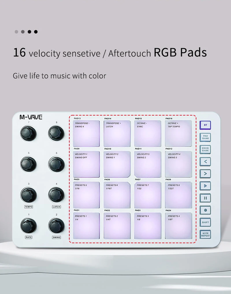 Electronic Musical Instrument Midi Control Keyboard M-Vave SMC-PAD LaunchPad design port&aacute;til controlador MIDI sem fio bateria recarreg&aacute;vel 16 RGB