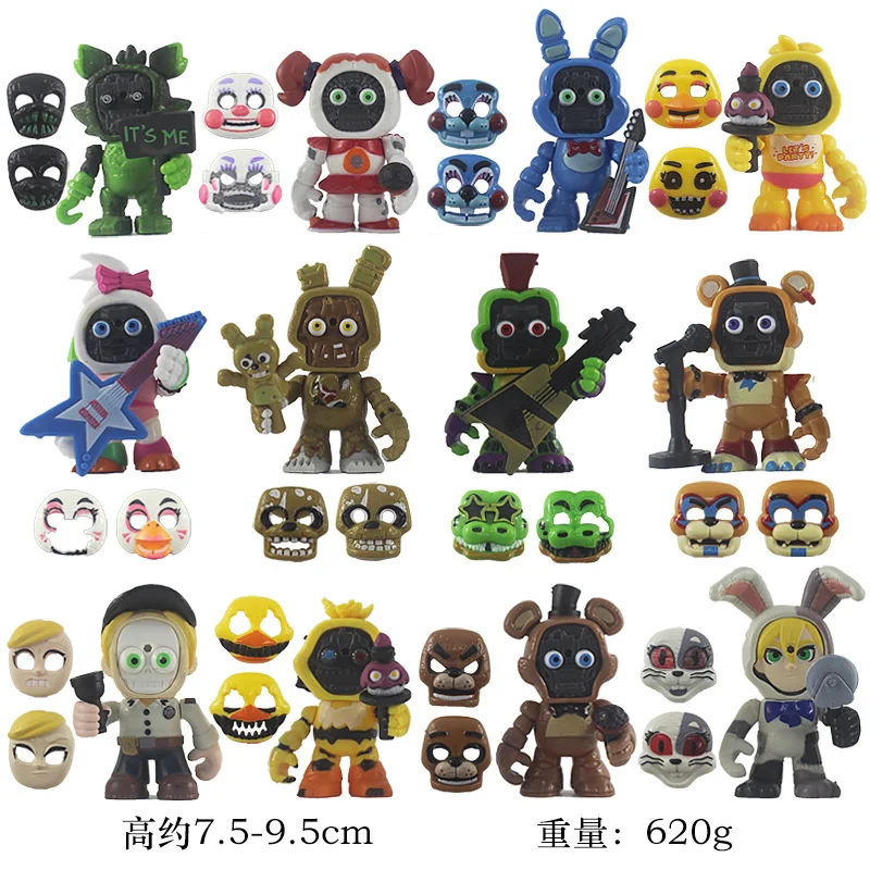 

NEW 12PCS FNAFs Freddys Action Figure Bear Interchangeable Mask 2 Mask Bags Action Figure Decor PVC Doll Toys Model For Kids