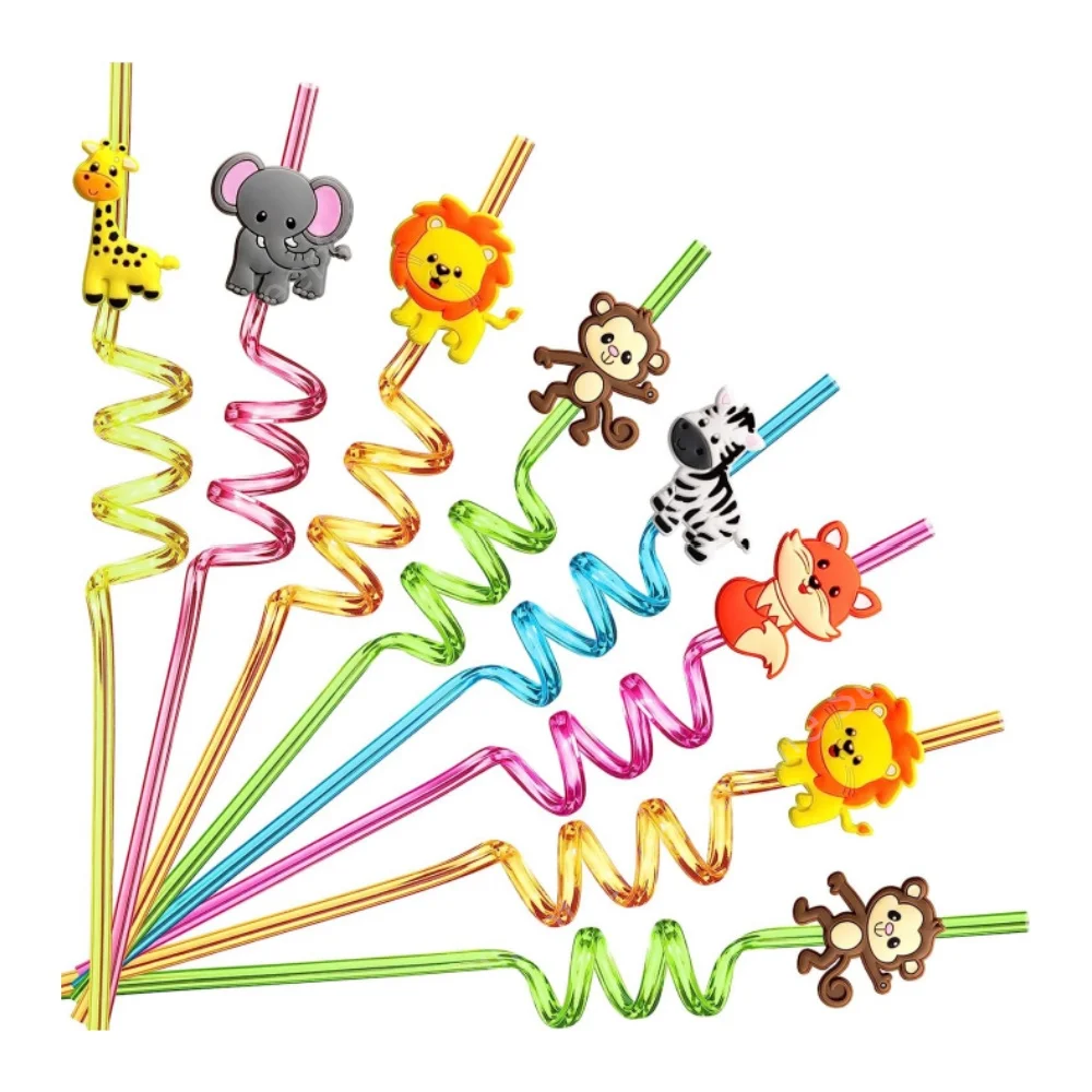 

24Pcs Jungle Animal Theme Straws Lion Fox Zebra Giraffe Safari Birthday Party Decorations Baby Shower Woodland Party Supplies