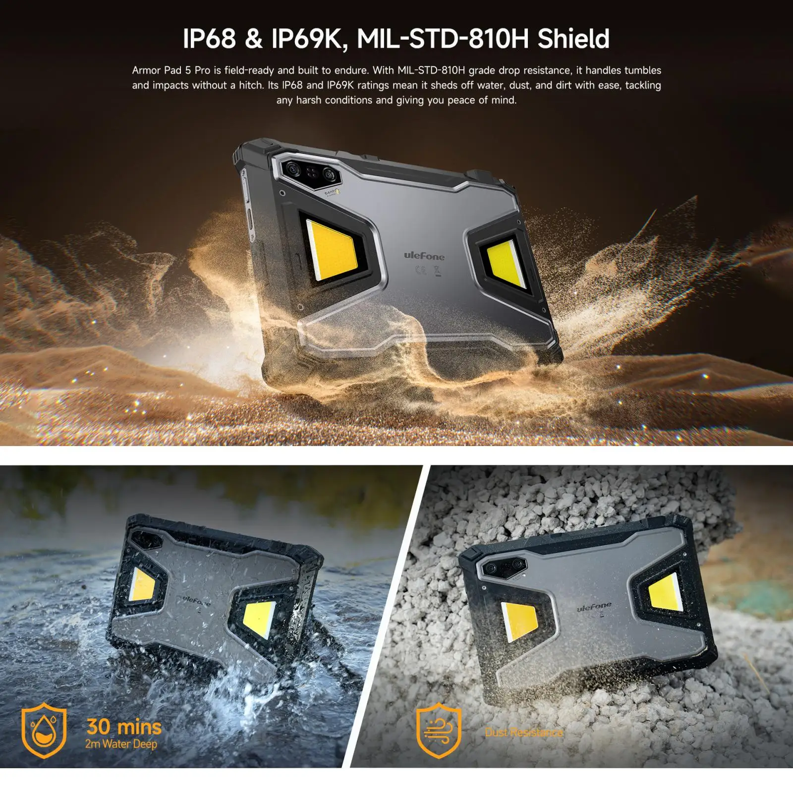 Ulefone Armor Pad 5 Pro Rugged Tablet 12GB+512GB 11" Android 15 MediaTek Dimensity 7400X 64MP 120W Smart Pad 24200mAh 5G NFC