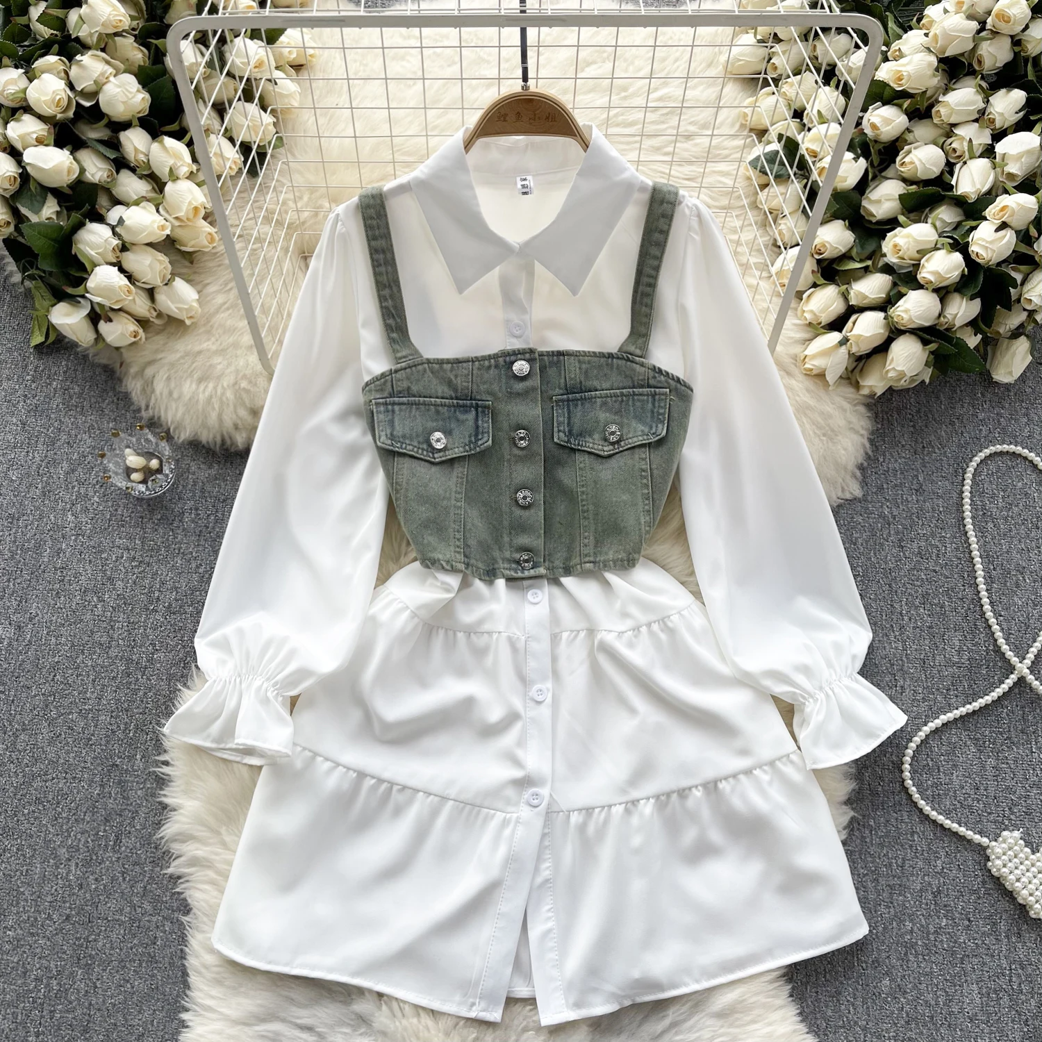 

VANOVICH Korean Style Sweet Folds Loose Waist Polo Collar Flare Sleeve Casual Shirts Vintage Short Denim Vest Two-piece Sets