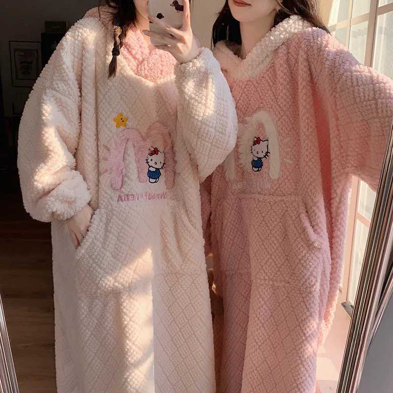 

Аниме Sanrio свободная ночная рубашка Hello Kitty Y2K женская зимняя Пижама Kawaii милые девушки в Корейском стиле с капюшоном Одежда для лучшего подарка