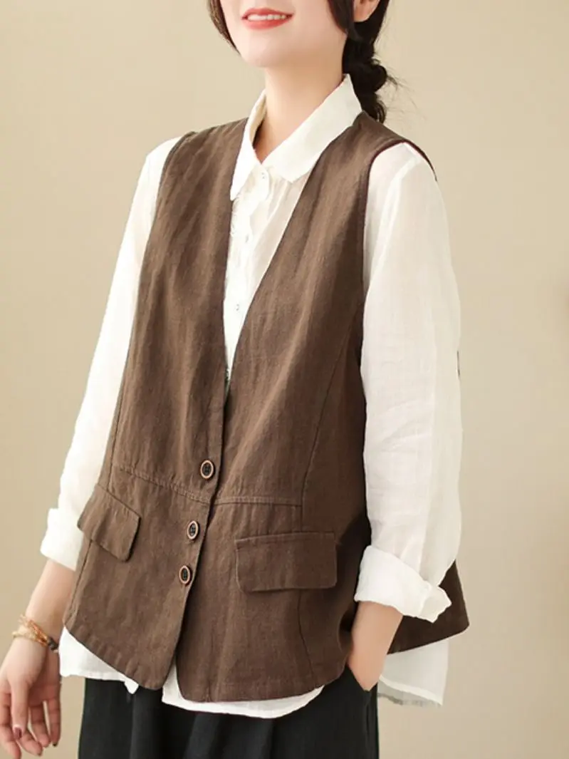 

Fashion 2023 Spring And Summer New Literary Vintage Old V-neck Sleeveless Vest Solid Literary Cotton Linen Single Breasted Outer