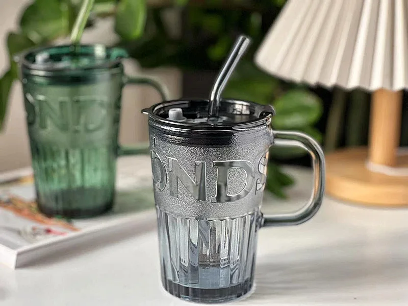 Straw With Glass Cup Coffee Cup With Handle Straw Cup Large Capacity Glass Cup With Cover 400Ml Glass Dinkware