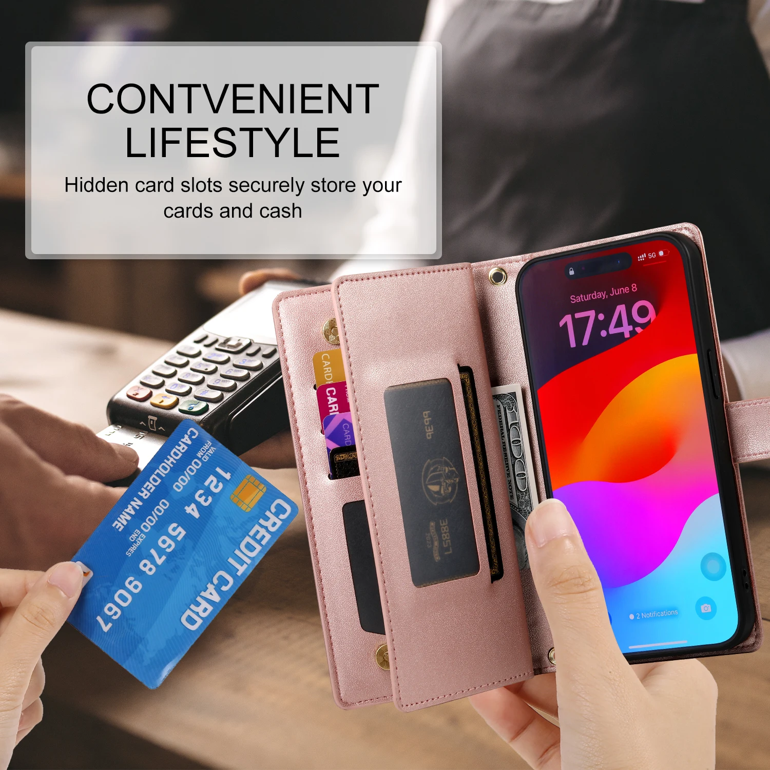 Étui portefeuille en cuir à fermeture éclair pour iPhone 15 Pro Max 16 14 Plus 13 12 11 SE4 XS MAX avec lanière et poche pour cartes_voghion.com