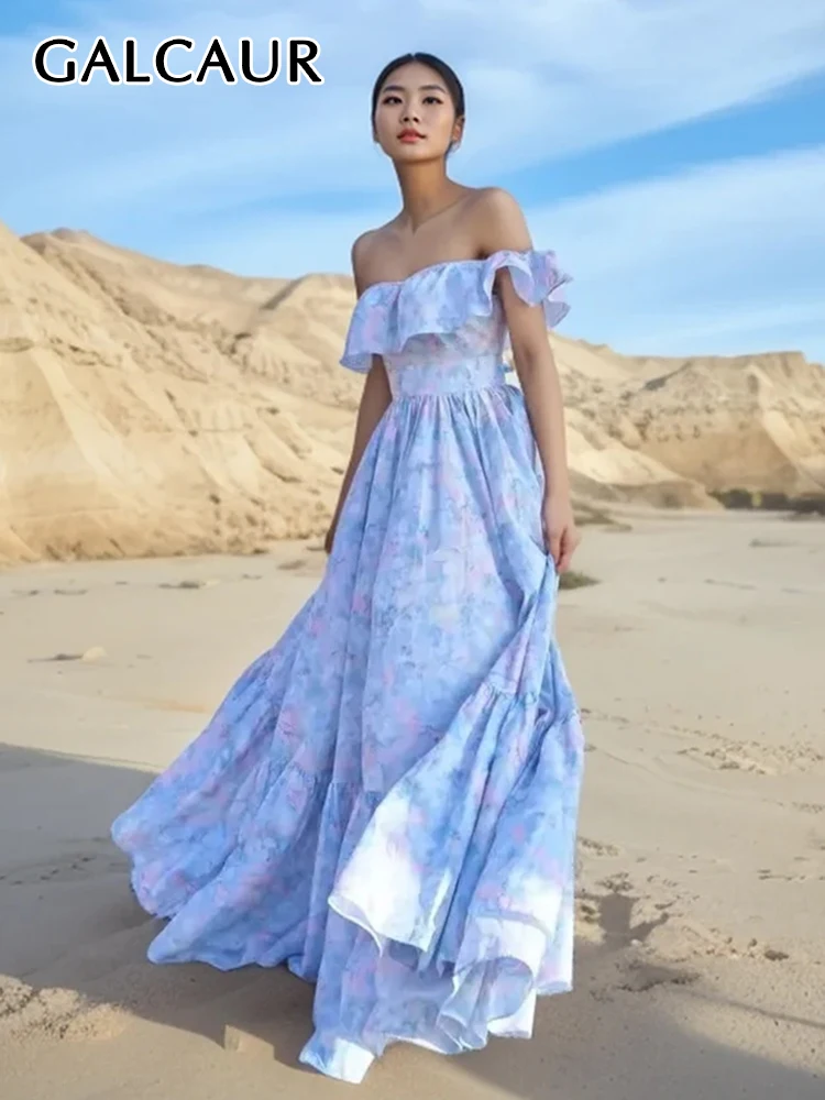 

GALCAUR Elegant Colorblock Dresses For Women Slash Neck Short Sleeve High Waist Off Shoulder Spliced Lace Up Print Dress Female