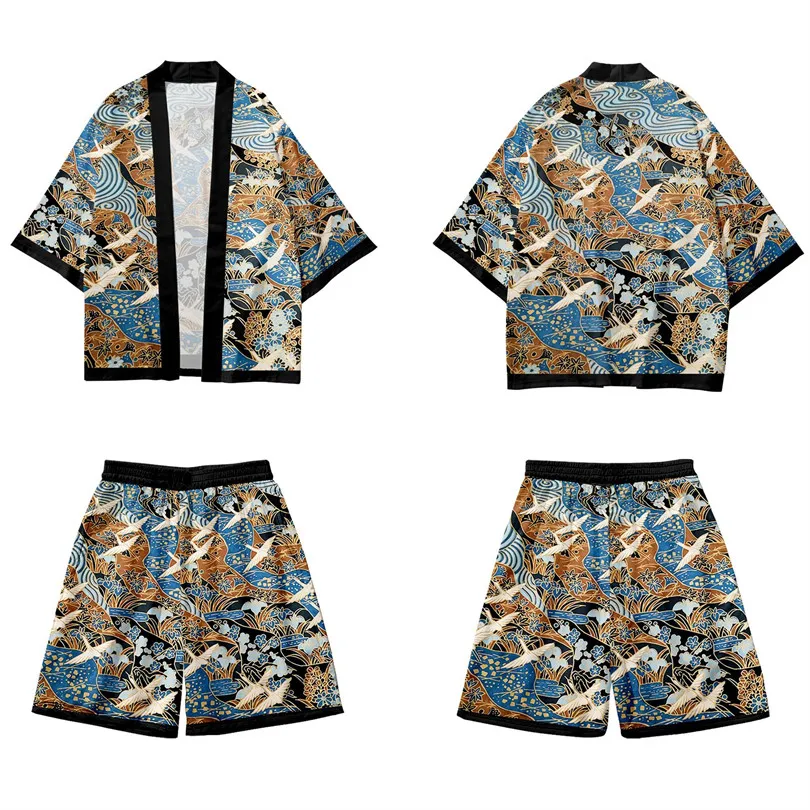 Two-piece Suit Japanese Crane Cardigan Women Men Cosplay Yukata Clothing Harajuku Tradition Kimono + Shorts Sets Haori