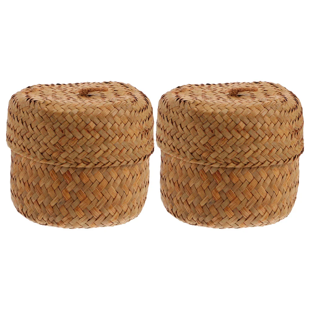

2Pcs Seagrass Woven Storage Basket Lidded Gift Box Woven Storage Bin Handmade Woven Basket