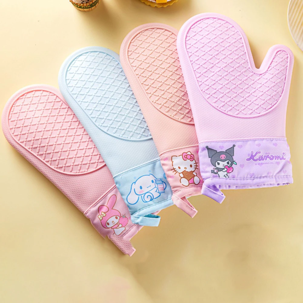 

Kawaii Cute Sanrio Hello Kitty Silica Gel Thermal Insulation High Temperature Resistance Intensification Bake Gloves Kitchenware