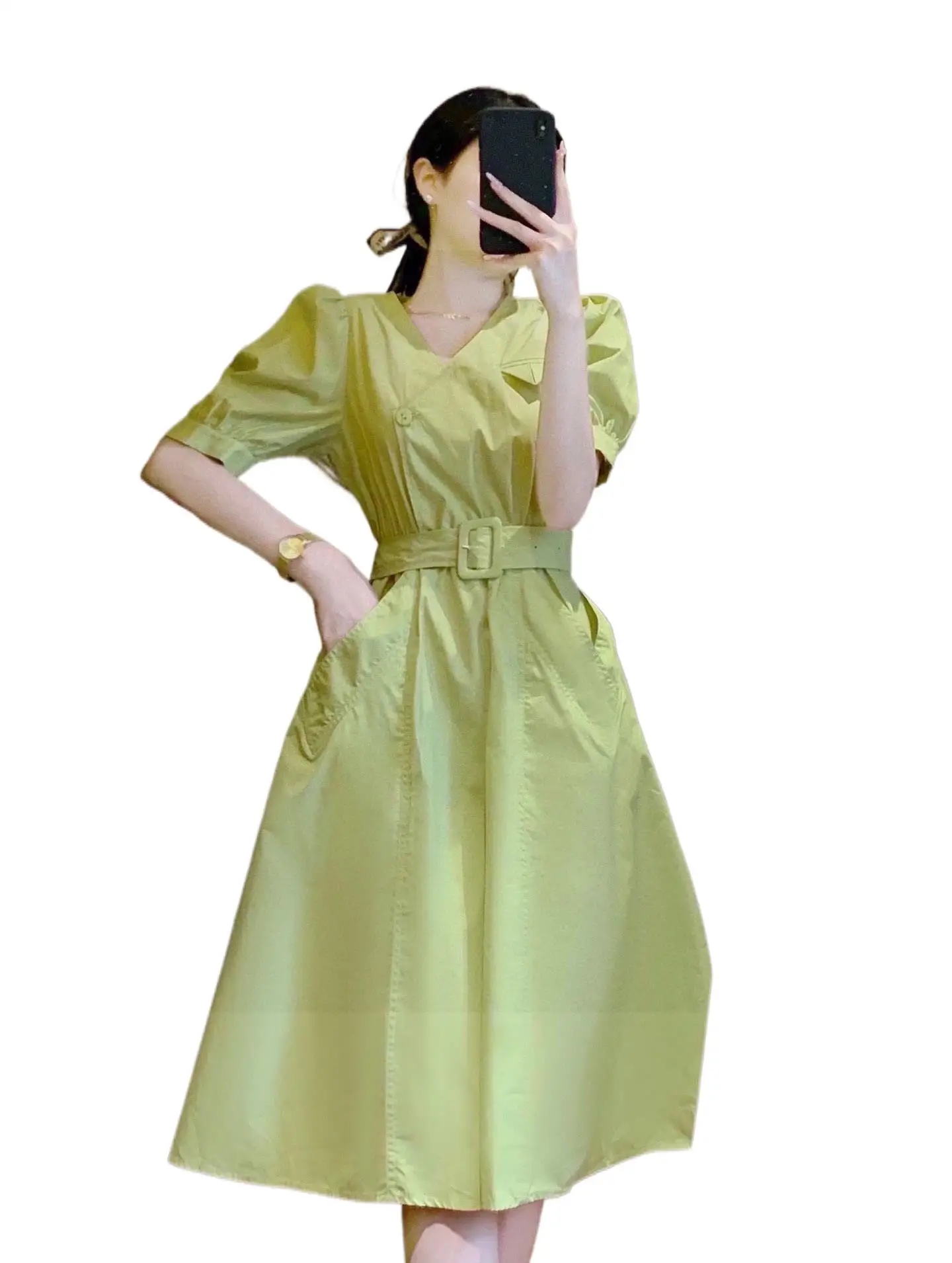 

2023 Women's Clothing Advanced Waist-Tight Green Puff Sleeve Dress