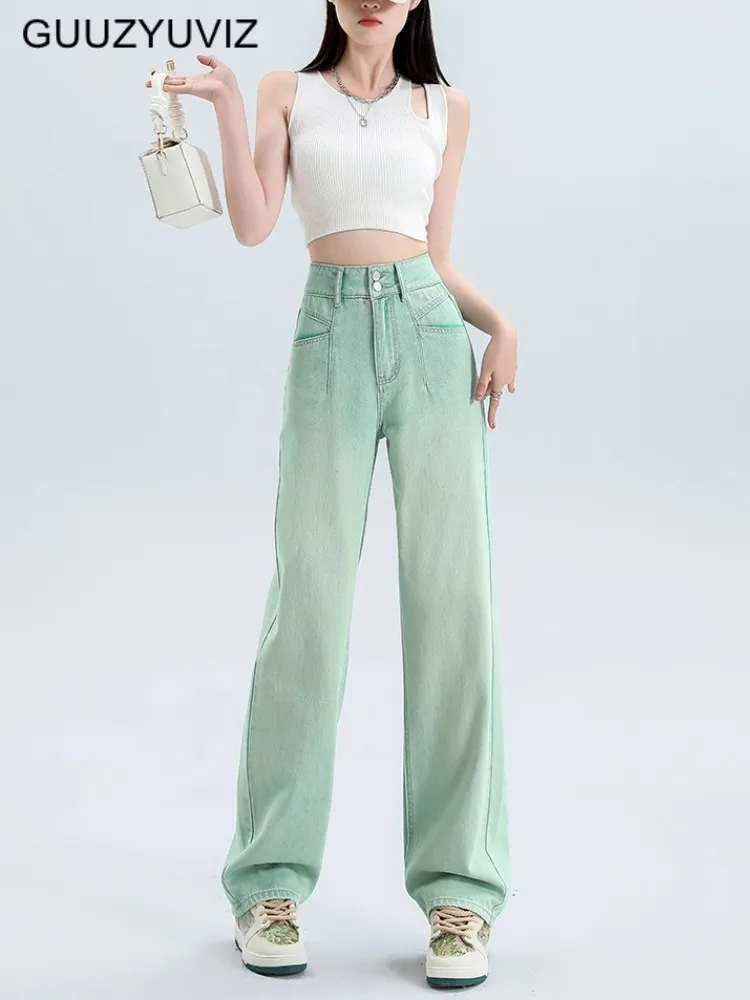 

GUUZYUVIZ High Waist Light Green Straight Jeans Woman Loose Casual Cotton Denim Wide Leg Jean Trousers
