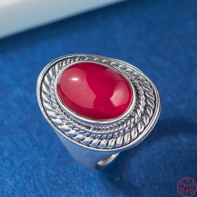 

S925 Sterling Silver Charms Rings for Women Men New Fashion Palace Style Exaggerated Inlaid Red Corundum Jewelry Free Shipping