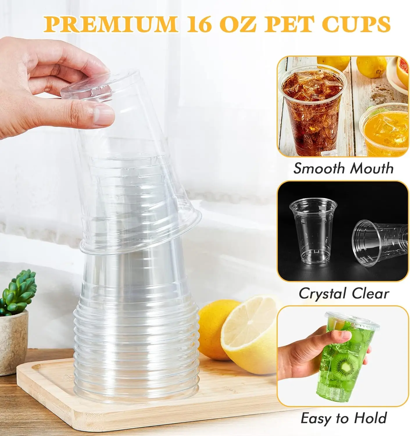 50 or 100 16OZ Clear Plastic Cup with Lids Disposable Cups for Iced Coffee or Juice Party Smoothie Milkshake Cold Drinks Clear