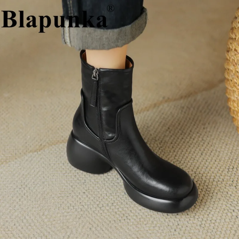 

Blapunka Real Natural Leather Boots Women Brown High Heels Gothic Short Boot Winter Woman Retro Round Toe Platforms Zipper Shoes