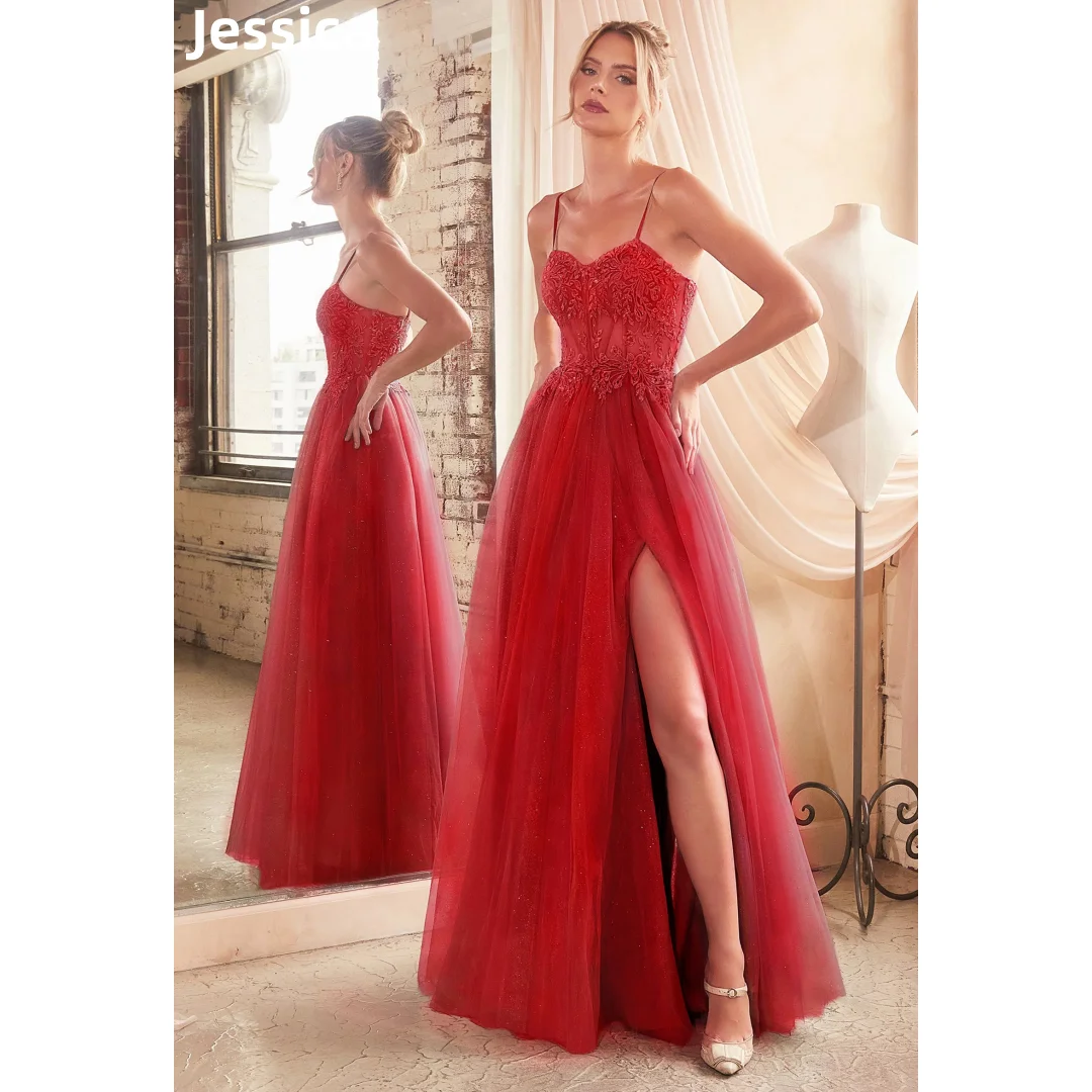 

Jessica Glitter Embroidery Prom Dresses Red Bridal Dress Evening Dresses Wedding Dress Formal Party Dresses Vestidos De Noche