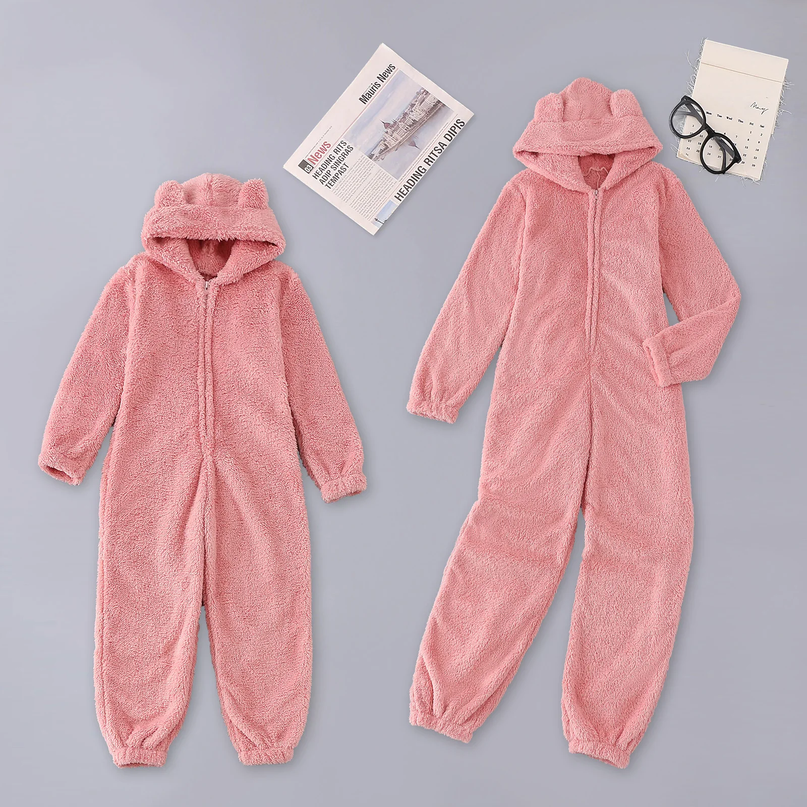 Flannel Pajamas Onesies Solid Color Fleece Parent-Child Suit Long Sleeve Family Pajamas Winter Warm Round Neck Zipper Hooded Home Wear