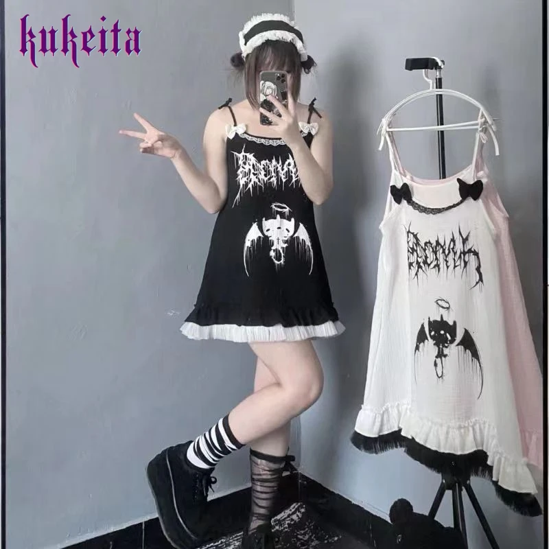 

Y2k готическое мини-платье с принтом дьявола, кружевные наряды в стиле панк, сексуальные платья на бретелях-спагетти, в стиле Харадзюку, красивая одежда без рукавов