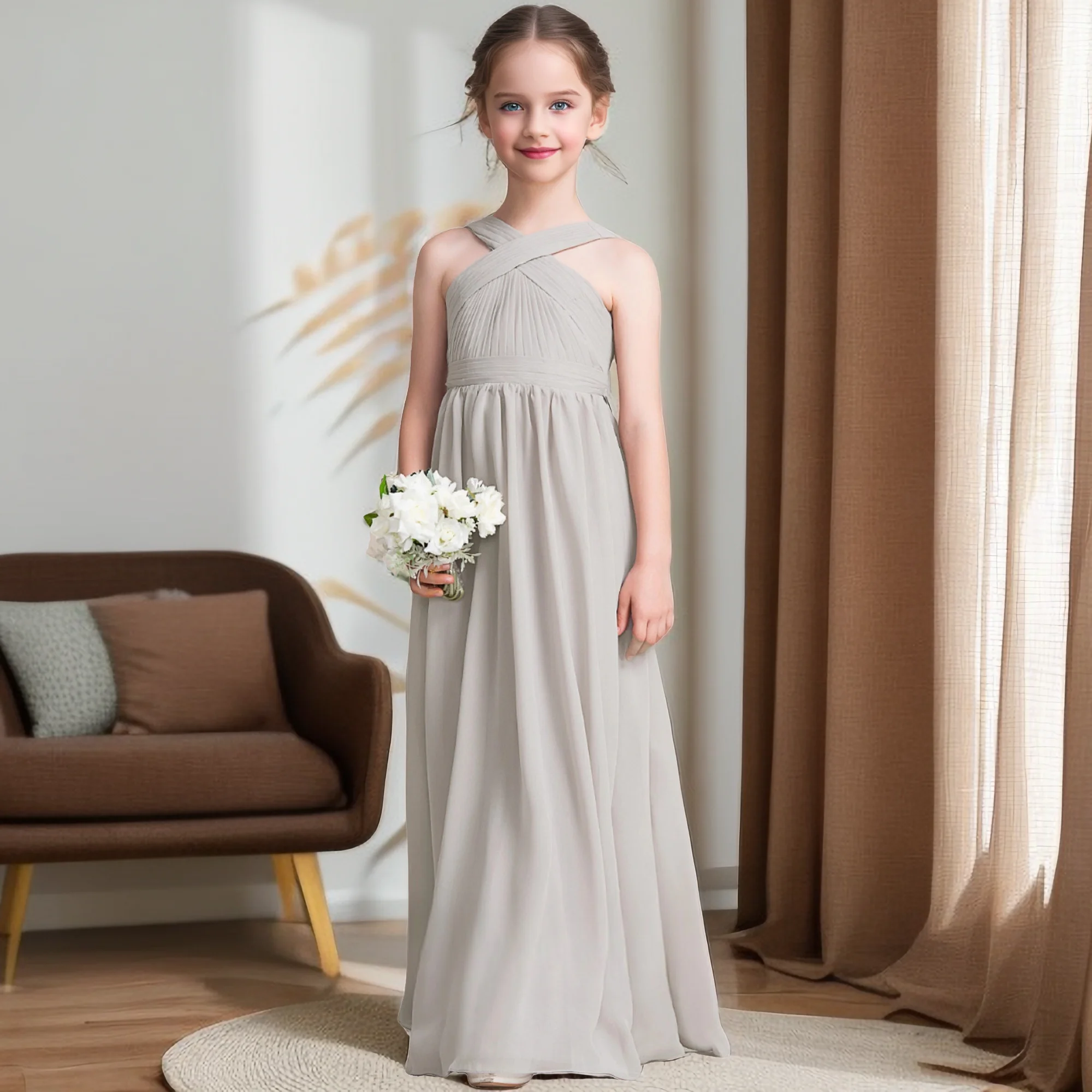 

Kids Floor-Length Chiffon Junior Bridesmaid Dress For Wedding Ceremony Birthday Festivity Celebration Evening Ball Gown Pageant