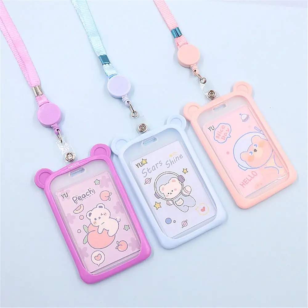 Cartoon Bear Card Holder Bank Identity Bus ID Card Sleeve Case Retractable Reel Lanyard Plastic Silicone Credit Cover