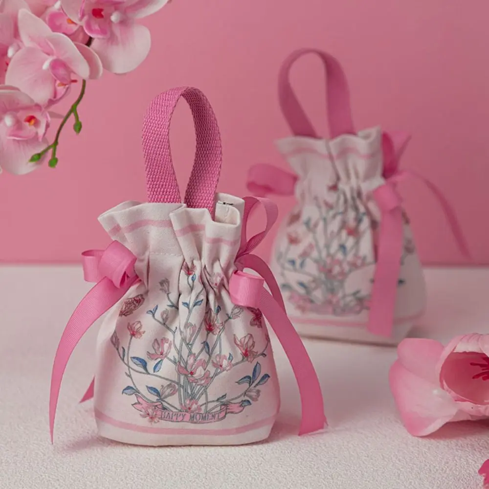 

Satin Bow Canvas Floral Drawstring Bag Large Capacity Mesh Flower Small Flower Wrist Bag Korean Style Wedding Candy Bag