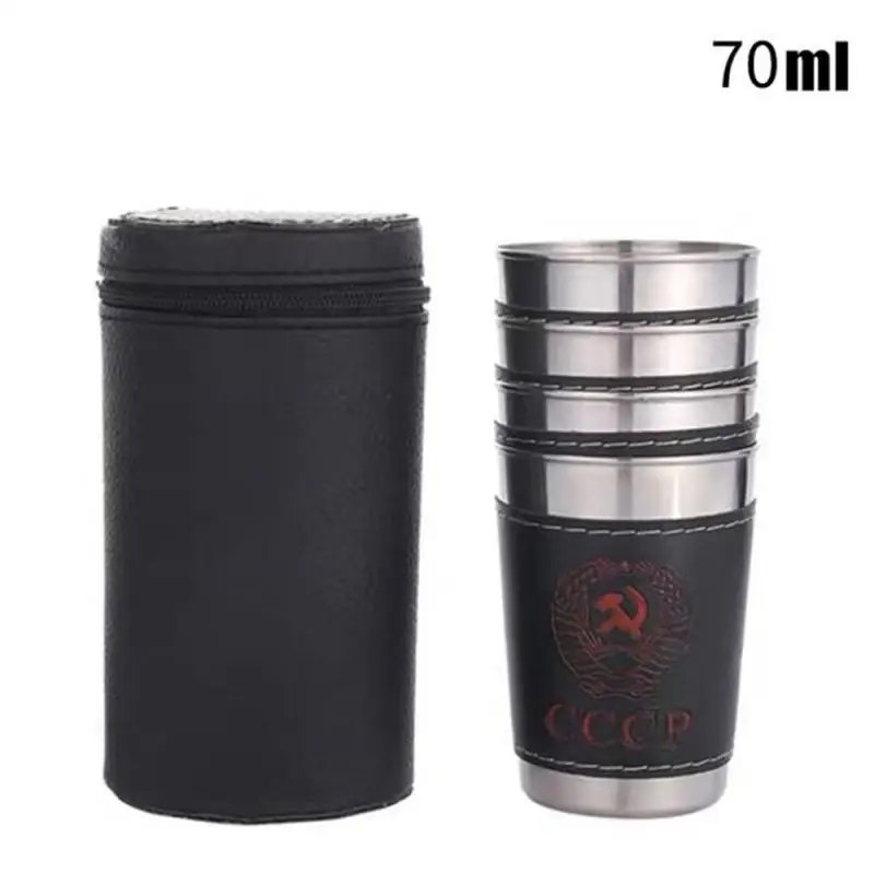 30ml Drinking Vessels Mini Stainless Steel Wine Beer Whiskey Cups With Leather Cover Bag Portable Outdoor Travel Cup