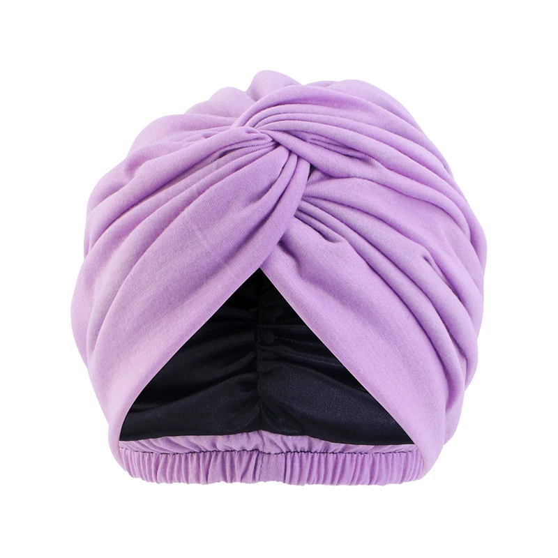 Women Double Layer Satin Linning Stretch Turban Hat Cross Ruffle