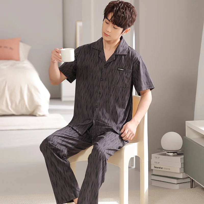 

Male Nightwear Suit Summer Generous Leisure Short Sleeve Pajamas Fashion Pattern Homewear Men Big Yards 4XL Modal Cotton Pijamas