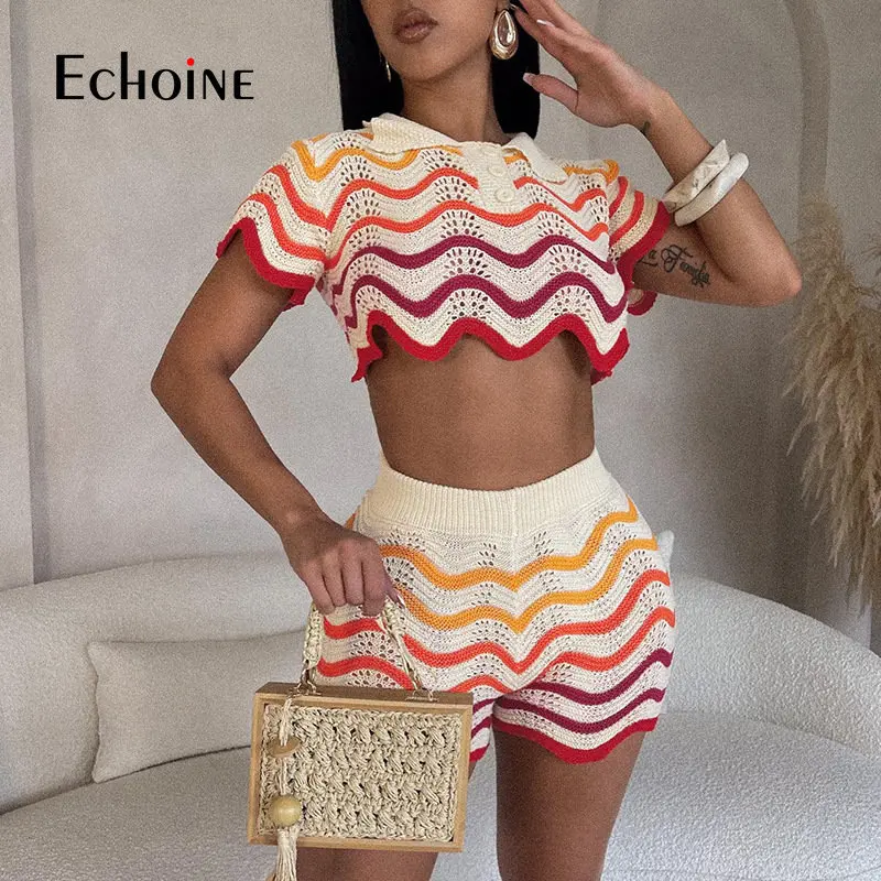 

Women 2023 Summer Wave color matching Knitted Crop Top And Shorts 2 Two Piece Set Sexy Fashion Beach Vacation Outfits